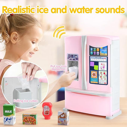 PLAY Kids Kitchen Refrigerator with Ice Dispenser, Pretend Play Fridge Kitchen Set for Toddlers, Toy Kitchen Appliance Accessories for Girl Boy Christmas Birthday Gift Age 1-3 4-8, Pink