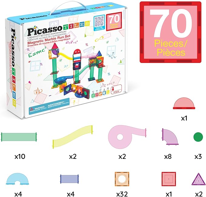 PicassoTiles 70 PCs Marble Run Maze Race Track Magnetic Tiles Magnet Building Block Educational Construction Toy Playset STEM Learning Kit Child Brain Development Hand Eye Coordination Training PTG70