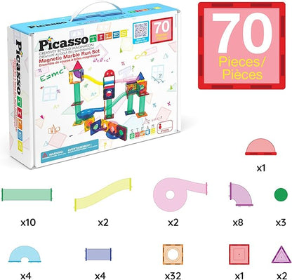 PicassoTiles 70 PCs Marble Run Maze Race Track Magnetic Tiles Magnet Building Block Educational Construction Toy Playset STEM Learning Kit Child Brain Development Hand Eye Coordination Training PTG70