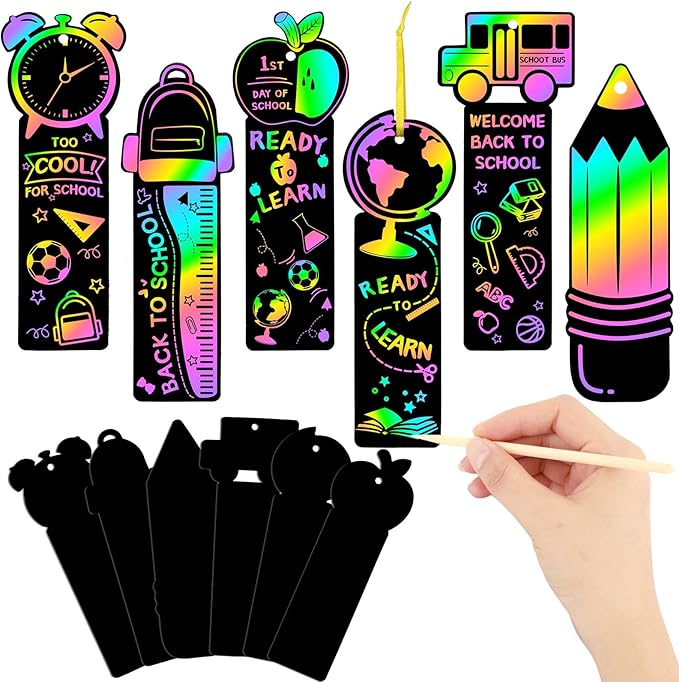 JUNEBRUSHS 30Pcs Welcome Back to School Scratch Bookmarks, Rainbow Magic Scratch Paper Art Back to School DIY Craft Kit First Day of School Gifts for Students Classroom Activity Party Favors