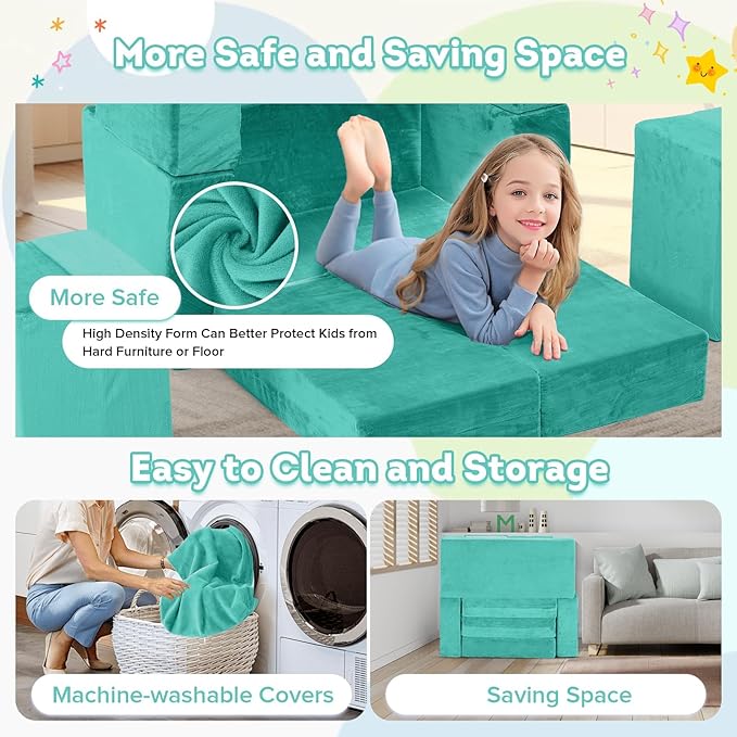 Kids Couch Sofa, 7 Pcs Modular Toddler Couch, Freely Removable Kids Chair Sofa for Playing, Creativity, Sleeping, Versatile Fold Out Baby Play Couch Set for Playroom, Bedroom Furniture