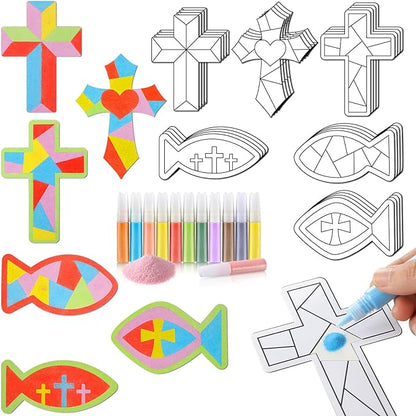 24 Sets Religious Sand Art Craft Kit for Kids Christian Crosses Fish Painting Kit with Colored Sand Brushes Create Your Own First Communion Sand Art for Sunday School Fun Home Activities