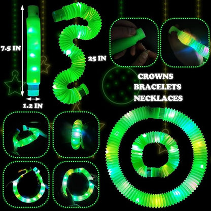 24 PCS Green Glow Sticks St Patricks Day Party Favors for Kids, LED Light up Pop Tubes for Toddlers, Neon Necklaces Bracelets Accessories, Glow Birthday Dance Wedding Mardi Gras Party Supplies
