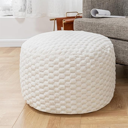 Round Stuffed Pouf Ottoman 20x20x12 Inches Faux Fur Ottoman Foot Rest Under Desk Foot Stool Great for Living Room, Bedroom Small Furniture (Ivory Pouf with Filler)