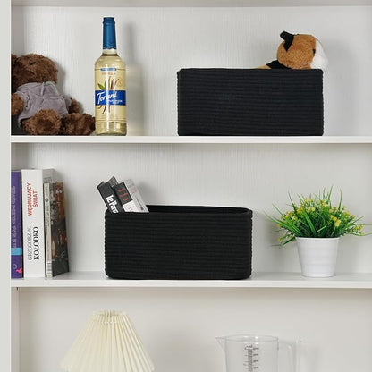 3-Pack Small Storage Baskets for Organizing | Woven Shelf Toy Basket | Rope Baskets for Gifts Empty | Closet Organizer Bins with Handles | Cube Decorative Box | 11.8×7.8×5.1” | Mixed Black