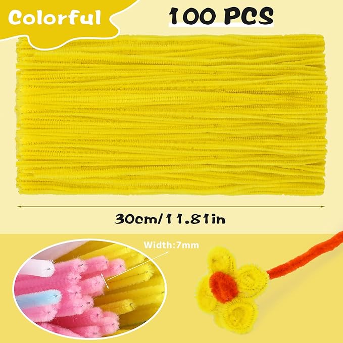100 Pieces Yellow Pipe Cleaners, Pipe Cleaners for Crafts DIY Arts Crafts Home Decorations Chenille Stem (Yellow)