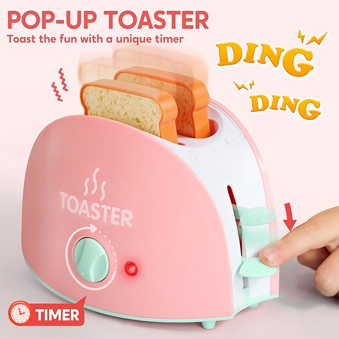 Joyin Play Kitchen Toys, Pretend Play Kitchen Appliances Toy Set with Coffee Maker, Mixer, Toaster with Realistic Lights& Sounds, Birthday Gift for Kids Ages 3+, Pink
