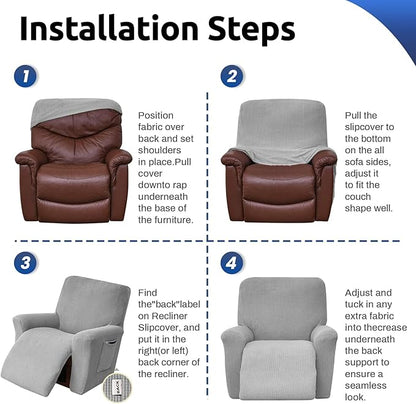 KEKUOU Recliner Chair Covers Lazy Boy Recliner Covers Stretch Couch Cover Slipcovers 1 Piece Furniture Protector with Elastic Bottom for Dog,Kids.(Recliner, Silver)