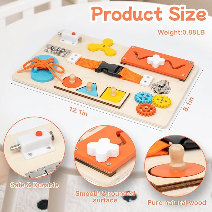Montessori Busy Board for Toddlers, 9-in-1 Wooden Sensory Toys for Fine Motor Skills, Educational Activity Board for Preschool Learning, Travel Toys Gift for Boys Girls 3 4 5