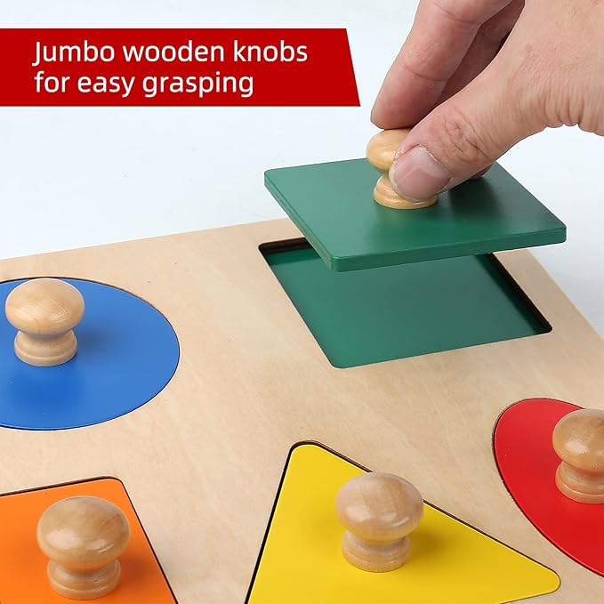 Montessori Wooden Puzzle Board Knob Wooden Puzzle Geometric Shape Puzzle Early Education Material Sensorial Toy for Toddler Shape & Color Sorter (5 Geometry Shape)
