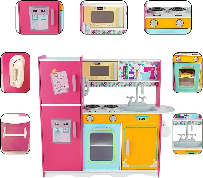 Kitchen Playset for Kids Ages 3-8, Wooden Pretend Play Kitchen for Toddlers, Including Telephone, Ice Maker, Refrigerator, Dimensions: 35” H x 31” W x 12” D (Multicolored)