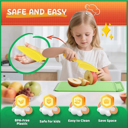 Kids Kitchen Knife Set for Real Cooking with Storage Box Green, Montessori Kitchen Toy with Cutting Board, Plastic Toddler Knives, Peeler, Wooden Safe Knife for Age 3 4 5 6 7 8