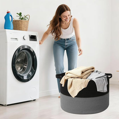 90L Large Blanket Basket, 21.7"x 21.7"x 13.8" Rope Woven Storage Basket with Handles, Laundry Hamper for Toys,Clothes,Pillows & Towels,Perfect for Living Room,Nursery & Bedroom,Black&Dark Grey