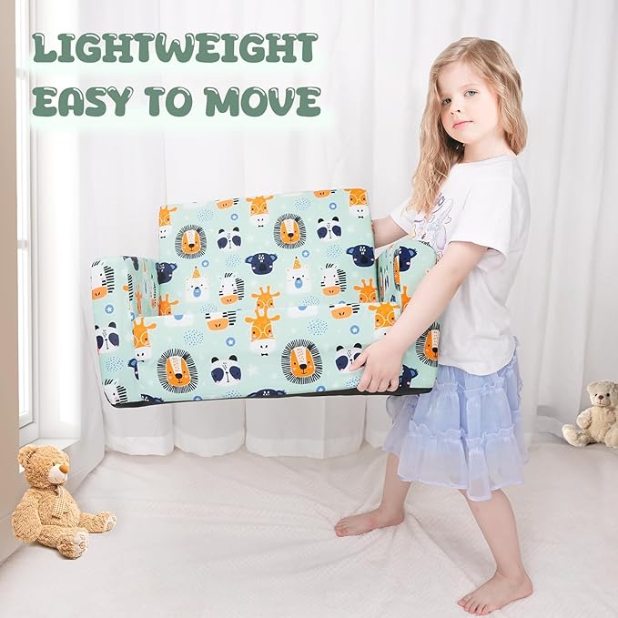 Kids Sofa, Comfy 2-in-1 Toddler Couch Fold Out, Convertible Sofa to Toddler Lounge Chair for Boys and Girls (Animal, Green)