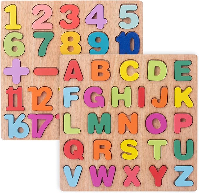 Wooden Toddler Puzzles 2 Packs Kids Educational Learning Toys Preschool Puzzles Letters Alphabet Number for 1 2 3 4 5 Year Old Boy Girl Toddler Children Gifts