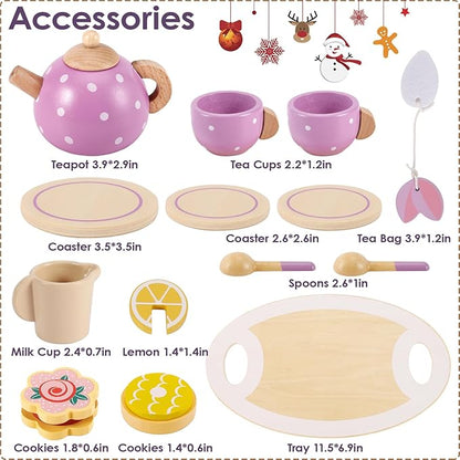 BUYGER Wooden Tea Party Set for Little Girls with Play Food Kitchen Accessories Toy Pretend Play Princess Tea Party Time for Girls Boys Children Toddlers 3 4 5 6 7+ Years Old