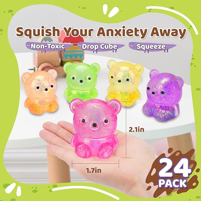 24 Pack Bear Stress Squishy Ball，Fidget Taba Squishy Toys for Kids ，Sugar Filled Gummy Stress Cube, Bear Toys Squeeze Balls for Party Favors, Classroom Prizes ,Goodie Bags Stuffer