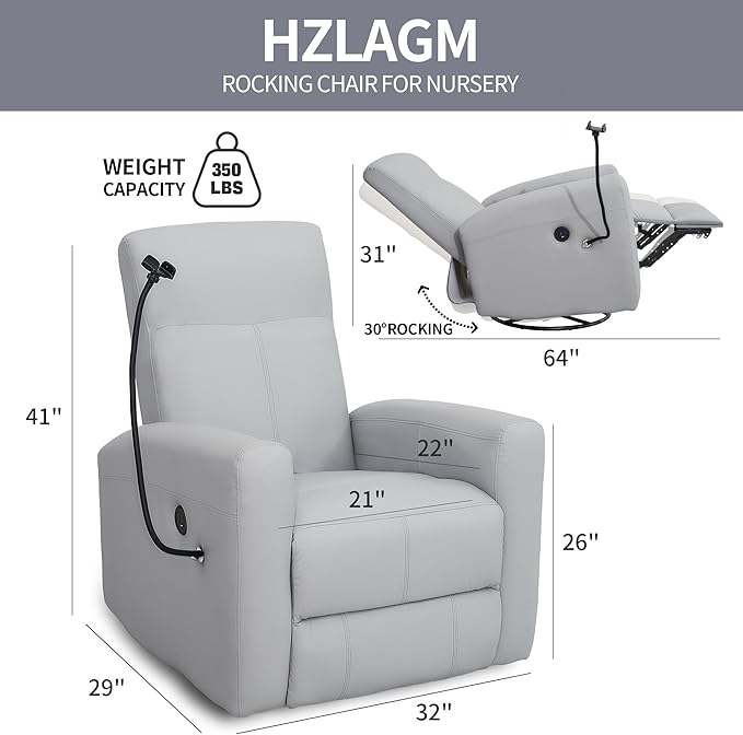 Power Swivel Glider Chair Nursery, Swivel Rocker Recliner with USB Ports, Rocking Chair with Microfiber Leather, Waterproof, Living Room, Nursery - Grey