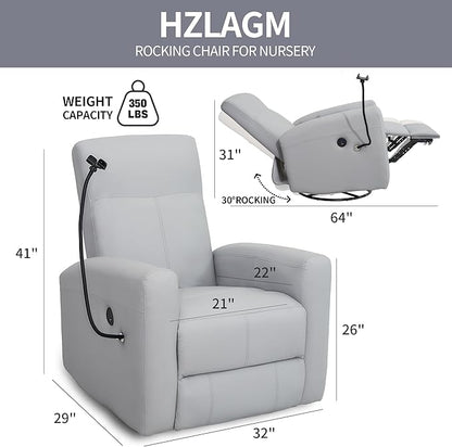 Power Swivel Glider Chair Nursery, Swivel Rocker Recliner with USB Ports, Rocking Chair with Microfiber Leather, Waterproof, Living Room, Nursery - Grey