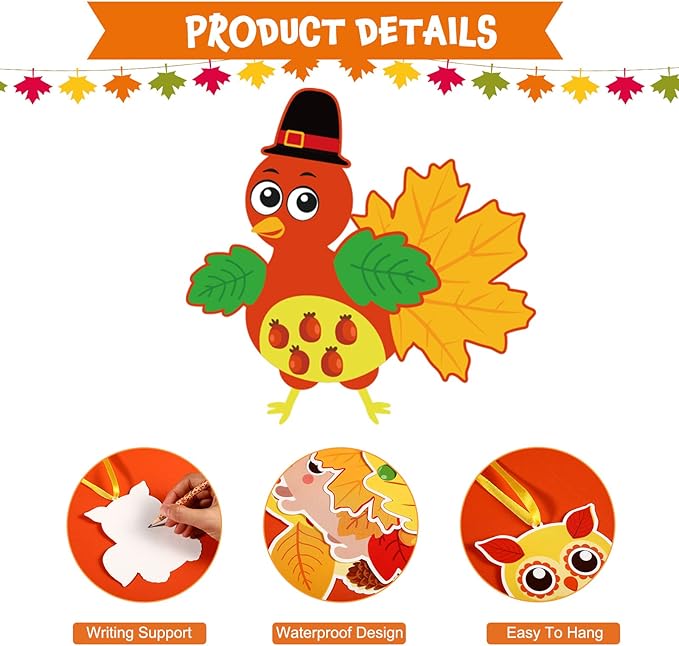 Fall Craft Kits for Kids Cute Animals Turkey Autumn Owl Crafts DIY Maple Leaves Thanksgiving Crafts Bulk for Fall Theme Party Home Classroom Game Activities Party Favors (24 Sets)