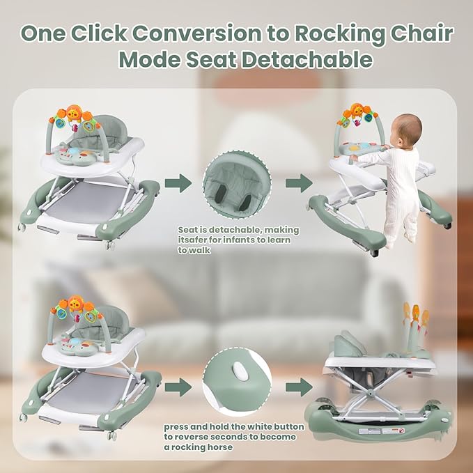 Boyro Baby Baby Walker, 5-in-1 Baby Walkers for Boys and Girls 6-12 Months with Bouncer, Removable Footrest, Feeding Tray & Music, Foldable & Adjustable Activity Walker for 6-18 Months Toddler Infant