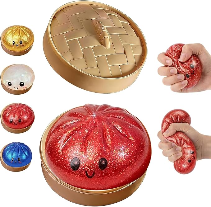 Glitter Dumpling Squishy Box, Dumpling Squishies, Sensory Squeeze Toy for Stress Relief, Soft Decompression Dough for Adults Office and Home Use (Red Emoji bun)