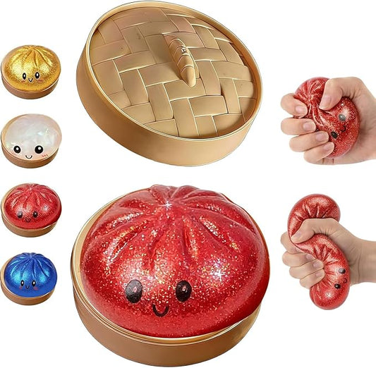 Glitter Dumpling Squishy Box, Dumpling Squishies, Sensory Squeeze Toy for Stress Relief, Soft Decompression Dough for Adults Office and Home Use (Red Emoji bun)