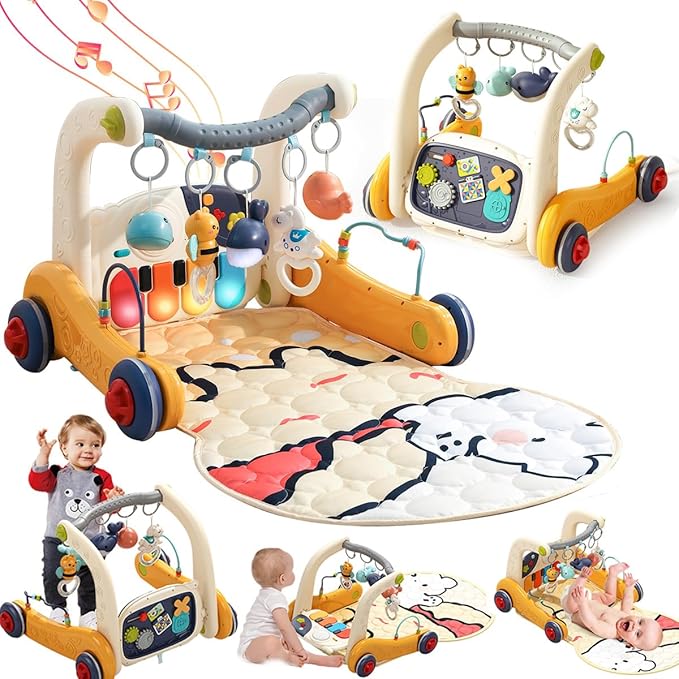 4 in 1 Baby Play Mat Activity Gym,Baby Kick and Play Piano Tummy Time Mat,Musical Learning Push Walker with Light up Interactive Toys Gift for Babies 0-6-12 Months Infant Boys Girls Newborn