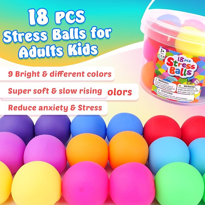 Squishy Stress Balls for Kids Adults: 18 Pack Stretchy Fidget Ball for Nervousness Stress Relief, Hand Therapy Sensory Squeeze Ball, Fidget Classroom Must Haves, Party Favors for Kids 3-12