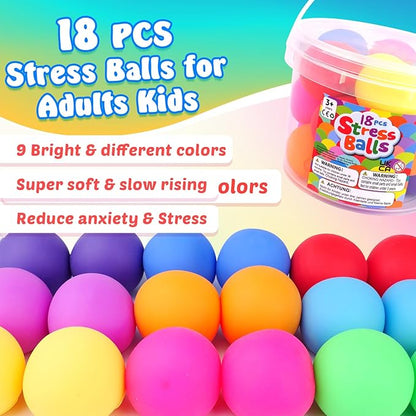 Squishy Stress Balls for Kids Adults: 18 Pack Stretchy Fidget Ball for Nervousness Stress Relief, Hand Therapy Sensory Squeeze Ball, Fidget Classroom Must Haves, Party Favors for Kids 3-12