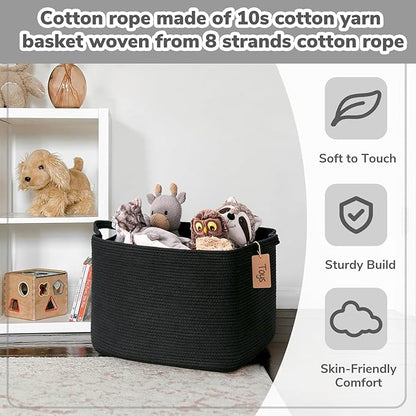 Goodpick Woven Storage Baskets for Organizing, 18" x 14" x 12" Rectangle Blanket Basket with Handles, Nursery Cotton Rope Basket for Living Room, Bedroom, Black