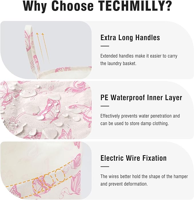 TECHMILLY Large Storage Basket for Girls and Boys, Collapsible Laundry Hamper with Long Handles, Toy Bins for Nursery, Kids Room Décor (Pink Butterfly)