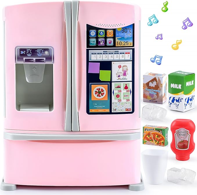 PLAY Kids Kitchen Refrigerator with Ice Dispenser, Pretend Play Fridge Kitchen Set for Toddlers, Toy Kitchen Appliance Accessories for Girl Boy Christmas Birthday Gift Age 1-3 4-8, Pink
