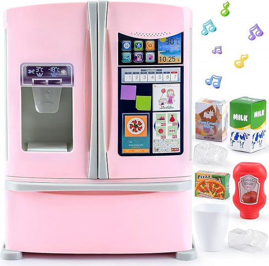 PLAY Kids Kitchen Refrigerator with Ice Dispenser, Pretend Play Fridge Kitchen Set for Toddlers, Toy Kitchen Appliance Accessories for Girl Boy Christmas Birthday Gift Age 1-3 4-8