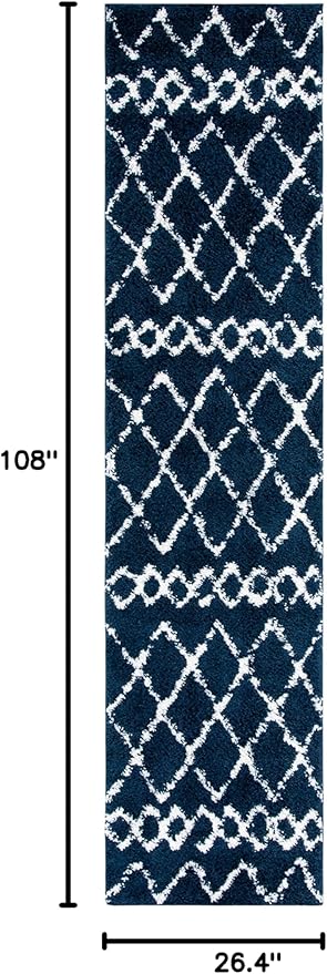 SAFAVIEH Berber Shag Collection Runner Rug - 2'2" x 9', Navy & Ivory, Moroccan Design, Non-Shedding & Easy Care, 1.2-inch Thick Ideal for High Traffic Areas in Living Room, Bedroom (BER165N)