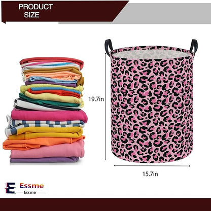 Essme Kids Laundry Basket,Pink Hamper Collapsible Canvas Waterproof Storage Bin for Girls, Leopard Print Hamper,Gift Baskets(Pink Leopard Print)