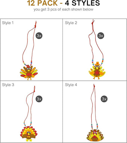 4E's Novelty Thanksgiving Necklace Crafts for Kids Bulk – 12 Pack DIY Turkey Necklace Craft for Kids with 4 Styles, Thanksgiving Favors for Kids, Thanksgiving Toddler Craft, & Turkey Craft Kit