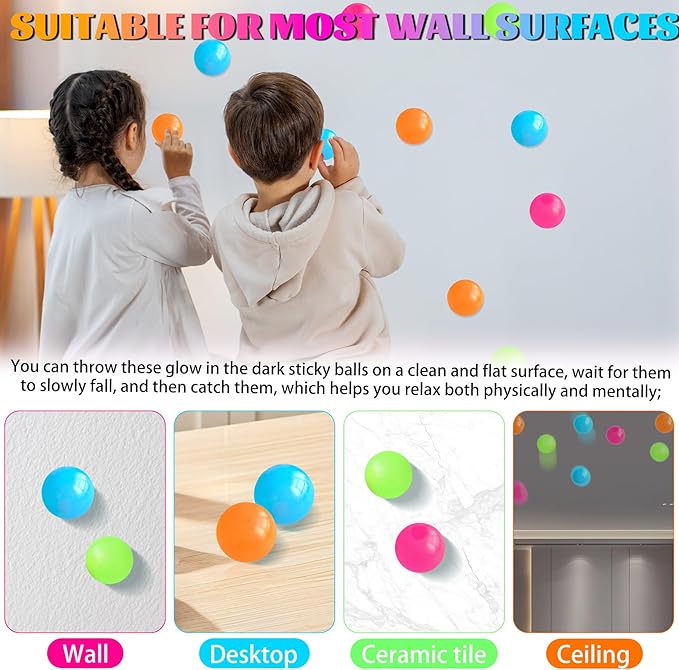 4Pcs Glow in The Dark Sensory Balls, Upgraded Glowing Sticky Balls Stick to The Ceiling, Stress Relief Sensory Ball Toys for Adults & Kids, Stocking Stuffers, Asmr Cool Stuff & Party Favors