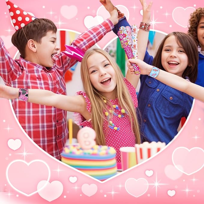 LovesTown 48PCS Valentines Day Slap Bracelets, Red Slap Wristbands Assorted Valentine Snap Bracelets for Kids Gift Exchange Valentine Party Favors