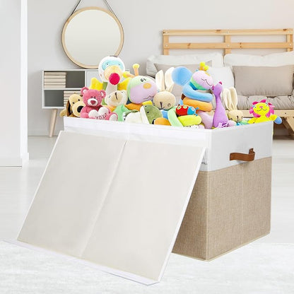 Gowee Large Toy Storage Box with Lid, Sturdy Toys Storage Chest Bin Organizer Basket with Dividers for Kids, Boys, Girls, Nursery, Closet, Bedroom, Playroom 26"x17" x17" (Beige and White)