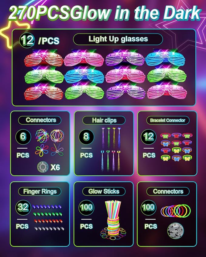 270 PCS Glow In The Dark Party Supplies for Kids Adults, 100 Glow Sticks Bulk Party Pack Light Up Party Favors, 12 LED Glasses, 32 Finger Lights, 8 LED Hair Clips for Wedding Birthday Halloween