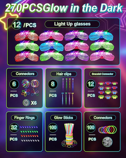 270 PCS Glow In The Dark Party Supplies for Kids Adults, 100 Glow Sticks Bulk Party Pack Light Up Party Favors, 12 LED Glasses, 32 Finger Lights, 8 LED Hair Clips for Wedding Birthday Halloween