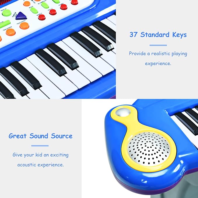 Costzon 37-Key Kids Piano Keyboard Toy, Toddler Electronic Musical Instrument Educational Toy w/Microphone, Multiple Sounds, Record Playback, Lights & Stool, Birthday Gift for Girls Boys Age 3+, Blue