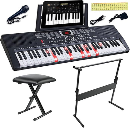 61 Key Keyboard Piano for Beginners with Lighted Keys & Pro Teaching Modes,Includes Stand, Bench, Microphone, Music Stand,70 Demos, 200 Rhythms/Tones, Gift for Beginners