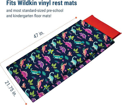 Wildkin Kids Nap Mat Cover for Boys & Girls, Featuring Sewn-in Flap Design, Ideal for Preschool and Daycare, Fits Our Vinyl Nap Mat up to 1.5 Inches Including Basic Sleep Mat - Darling Dinosaurs