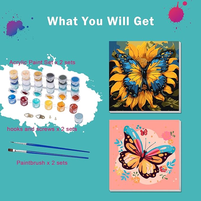 2 Pack Paint by Numbers Kit for Kids Butterfly Paint by Number Kits Age 4-8 Painting Canvas for Kids Ages 8-12 Girls Framed Canvas Paint by Numbers Drawing Kit Color by Numbers Kit for Kids 8x8 Inch