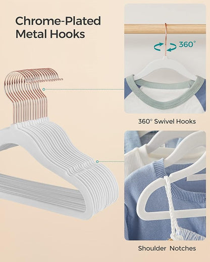 SONGMICS Baby Hangers 50 Pack, Kids Hangers for Closet, 11.8 x 8.1 Inches, Rose Gold 360° Swivel Hooks, Space-Saving Clothes Hangers, Velvet Hangers for Nursery, Non-Slip, Cloud White UCRF027W01