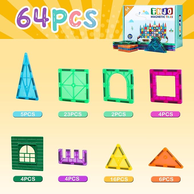 Magnetic Tiles, 64 PCS Magnetic Building Blocks, Magnets Building Set, STEM Toys for Kids Boys and Girls Creative and Inspirational