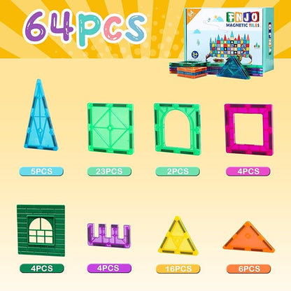 Magnetic Tiles, 64 PCS Magnetic Building Blocks, Magnets Building Set, STEM Toys for Kids Boys and Girls Creative and Inspirational