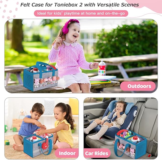 PISOSN Carrying Case for Toniebox Starter Set and Tonies Figurines, Travel Felt Cloth Musical Toy Folding Bag for Toniebox 2 & Accessories (Blue)